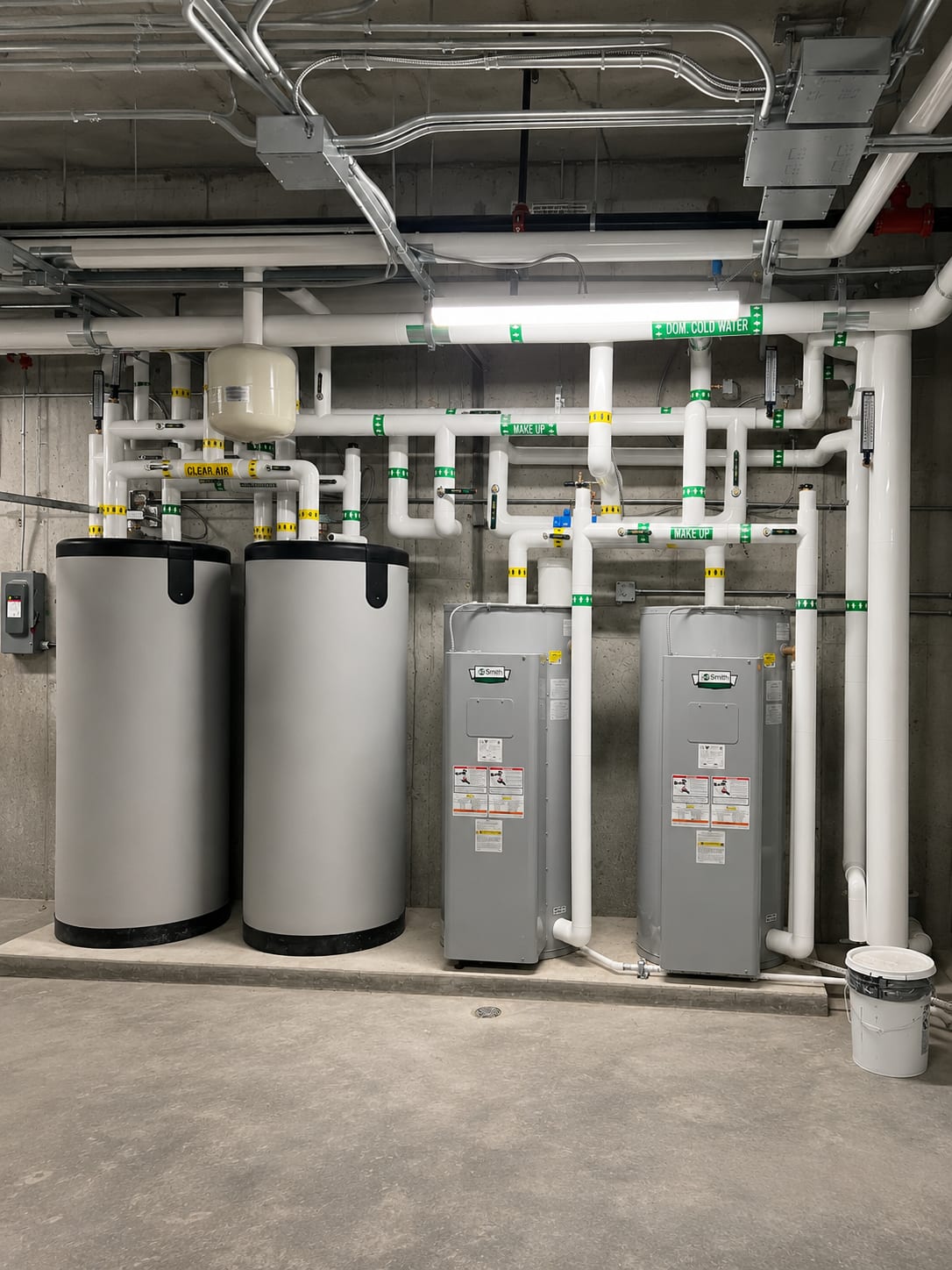 Mechanical room with domestic hot water storage tanks, A.O. Smith water heaters and labelled cold water and make-up piping