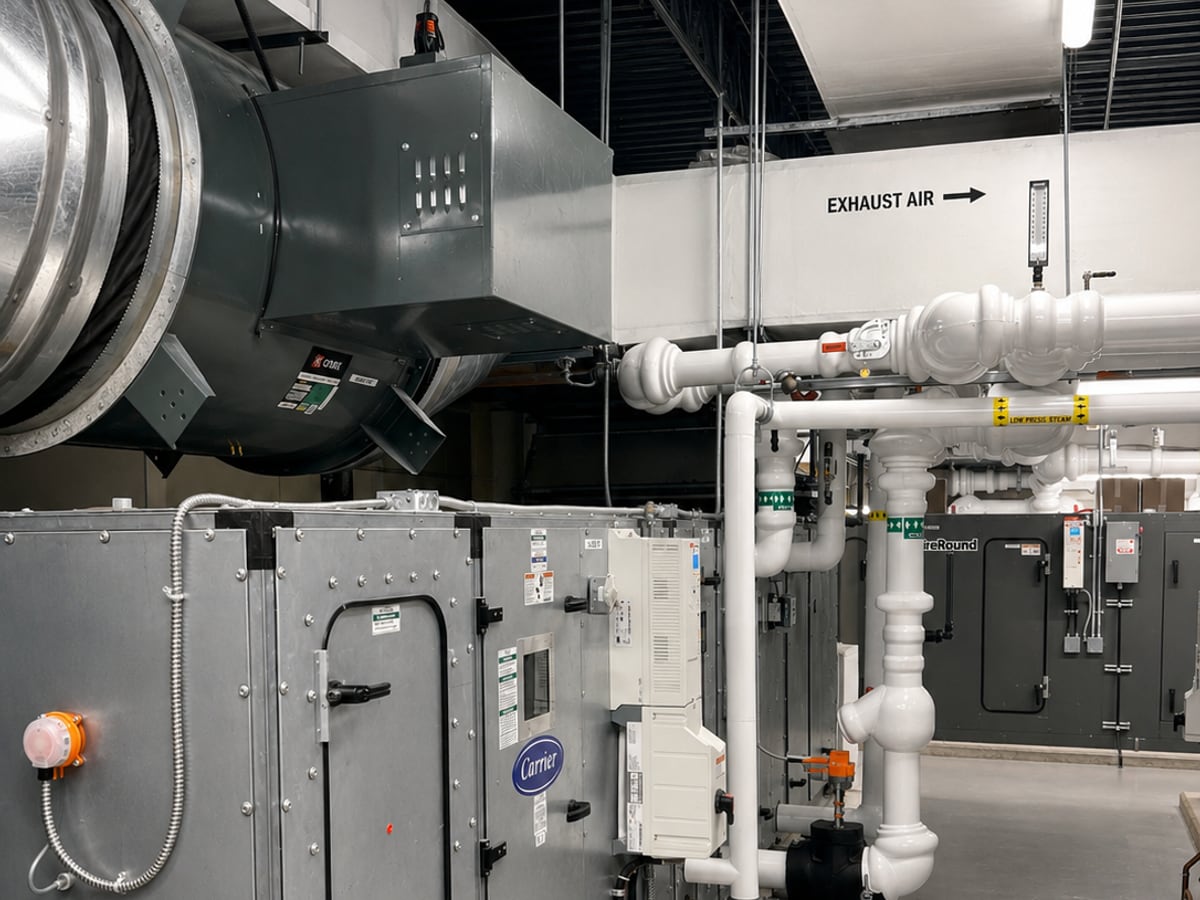 Mechanical penthouse at H.G.R. Mews Community Centre — Carrier air handling unit, fabricated ductwork and low-pressure steam piping