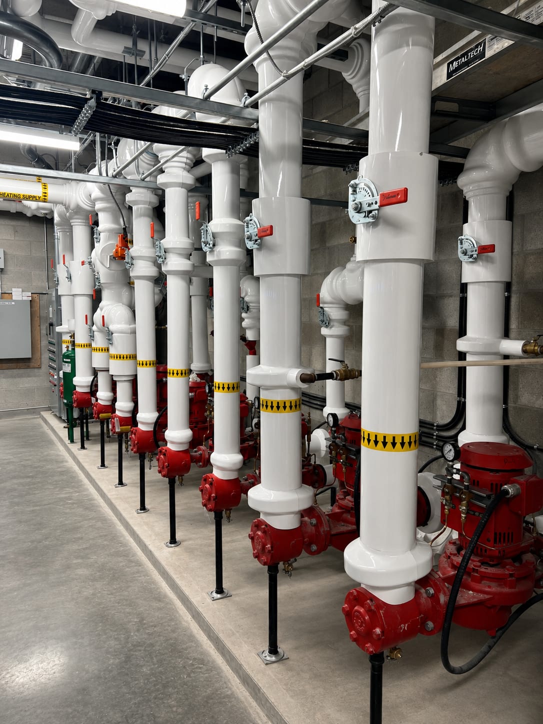 Mechanical room with painted heating supply piping, shut-off valves and red circulating pumps