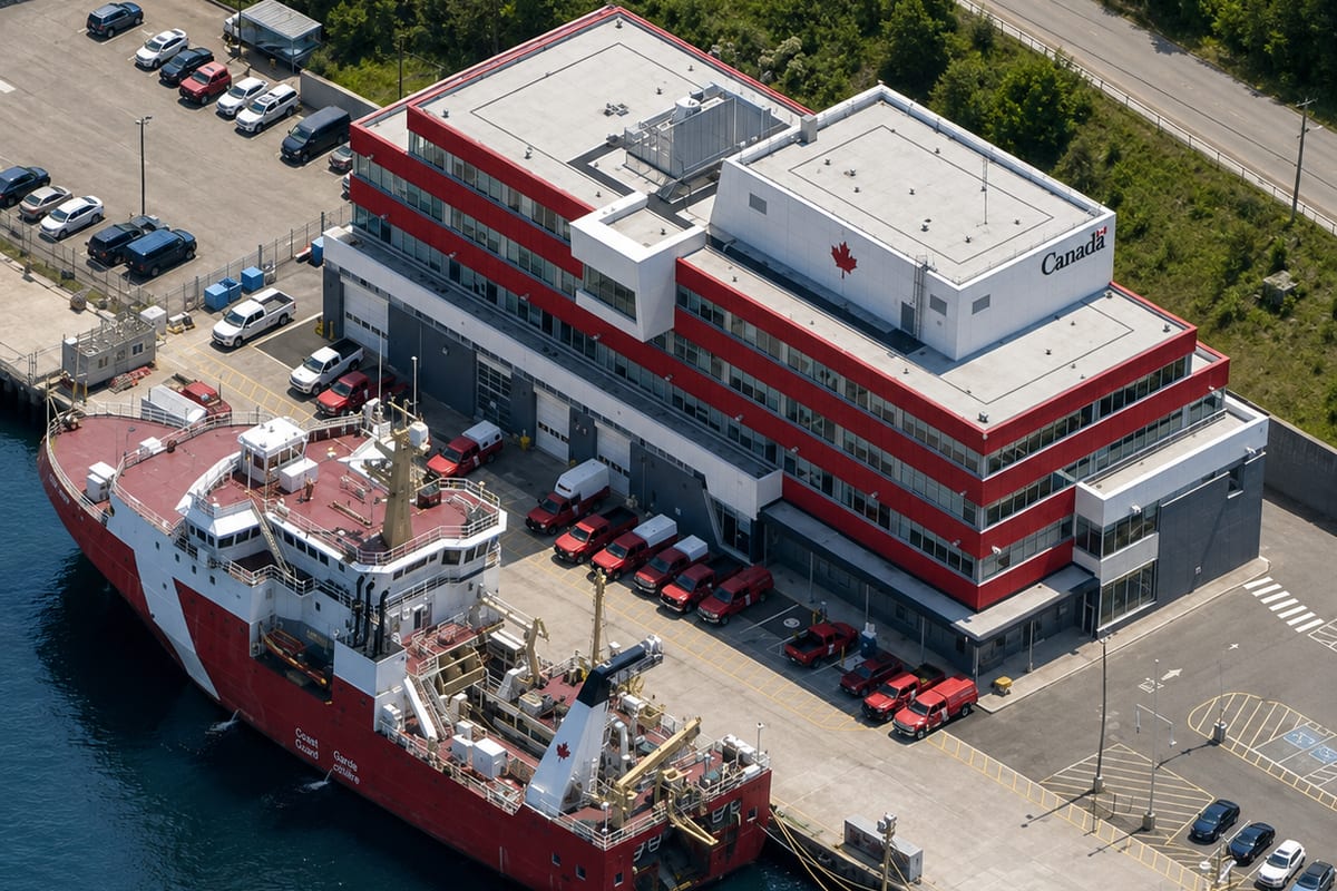 Canadian Coast Guard base — aerial view of the shore facility with an icebreaker alongside the wharf