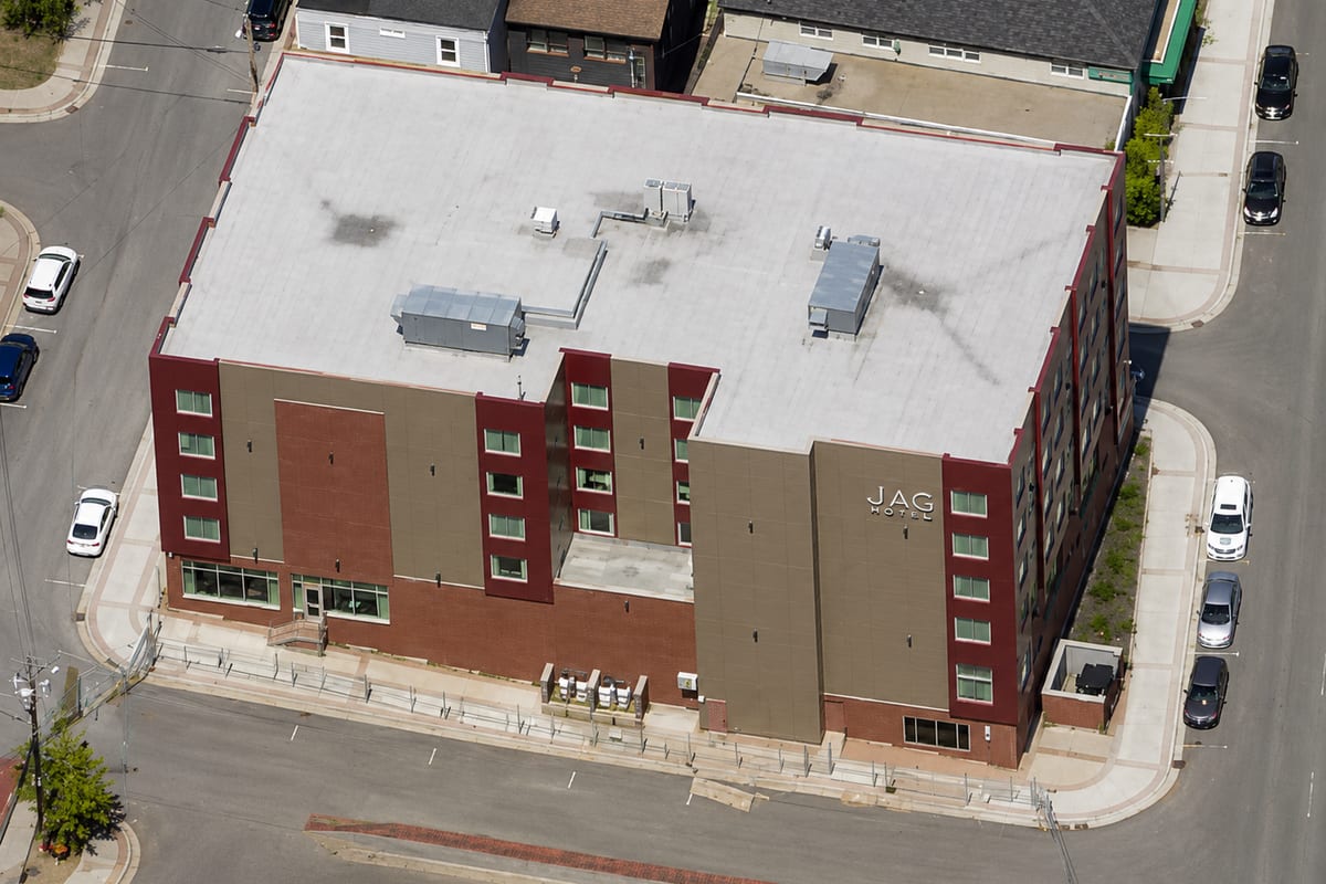 JAG Hotel, St. John's — aerial view of the completed hotel and surrounding streets